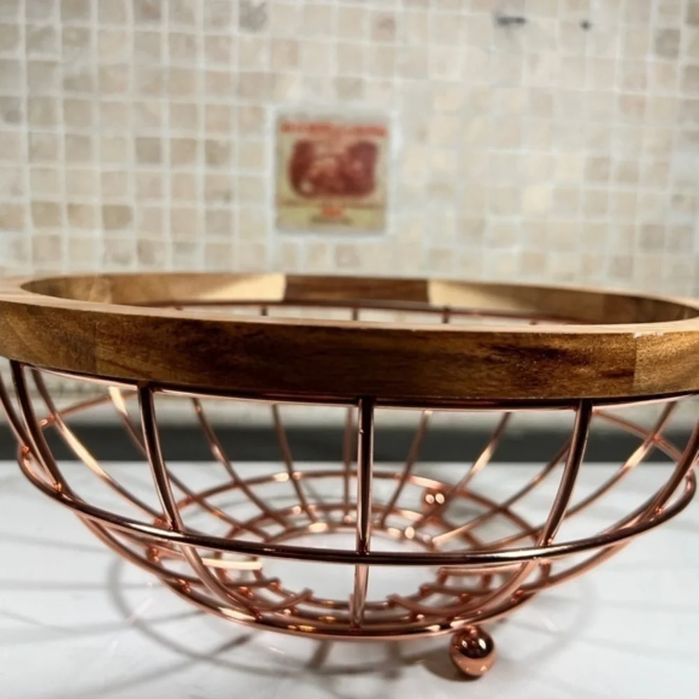 Acacia Wood and Wire‎ Fruit Basket with Copper Finish